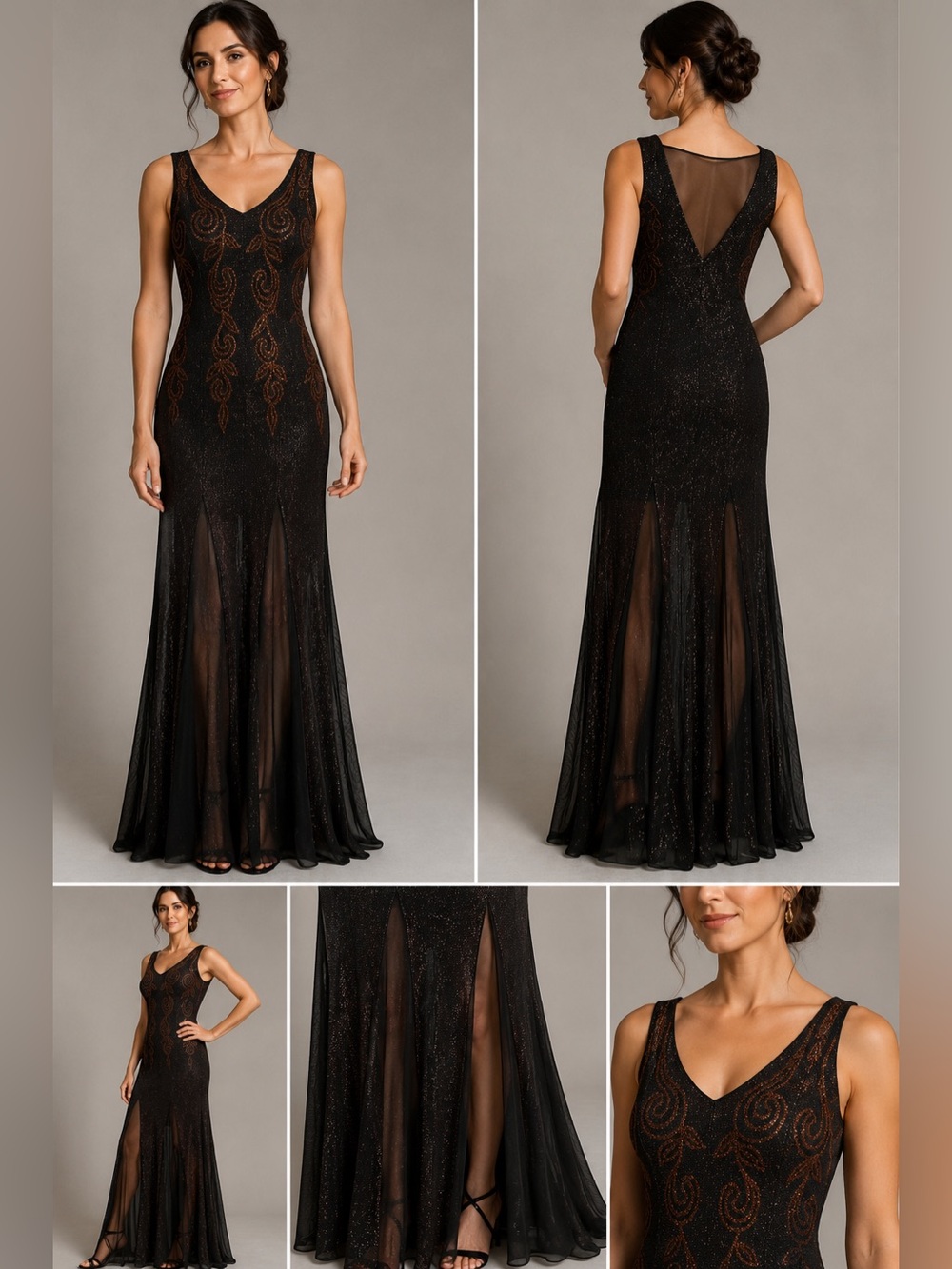 Vintage Joseph Ribkoff Couture Black Copper Metallic Formal Gown Illusion Back